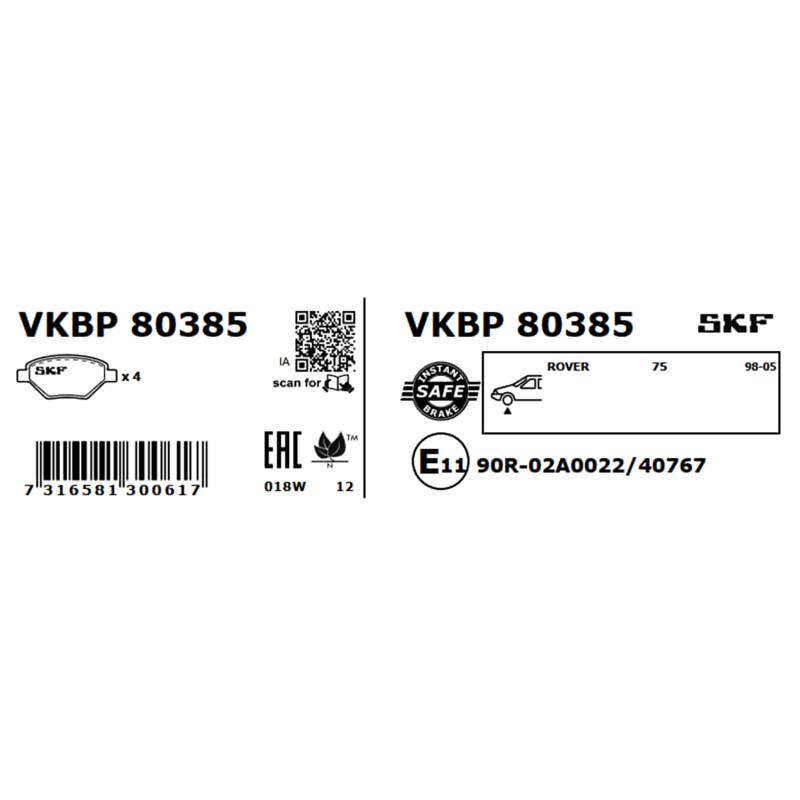 Jeu de 4 plaquettes de frein avant SKF VKBP 80385 - Visuel 2