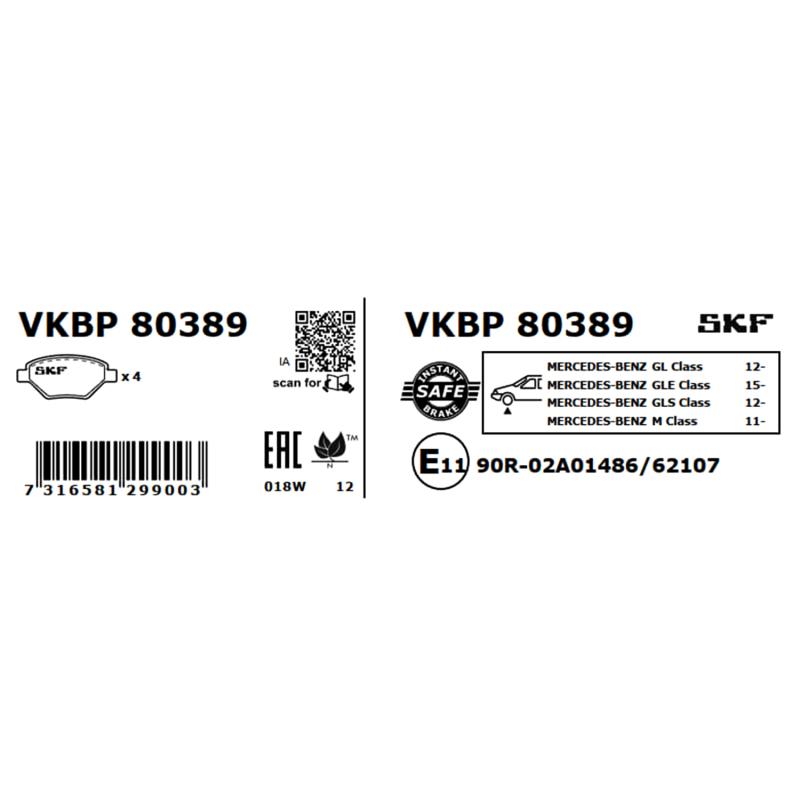 Jeu de 4 plaquettes de frein avant SKF VKBP 80389 - Visuel 2