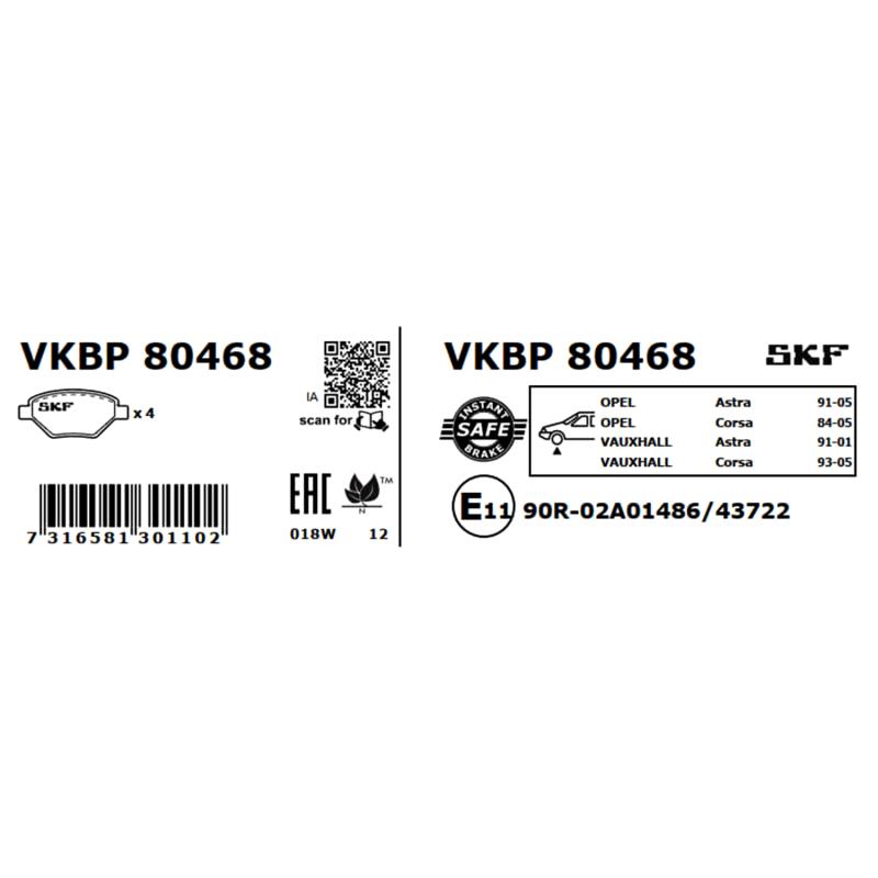 Jeu de 4 plaquettes de frein avant SKF VKBP 80468 - Visuel 2