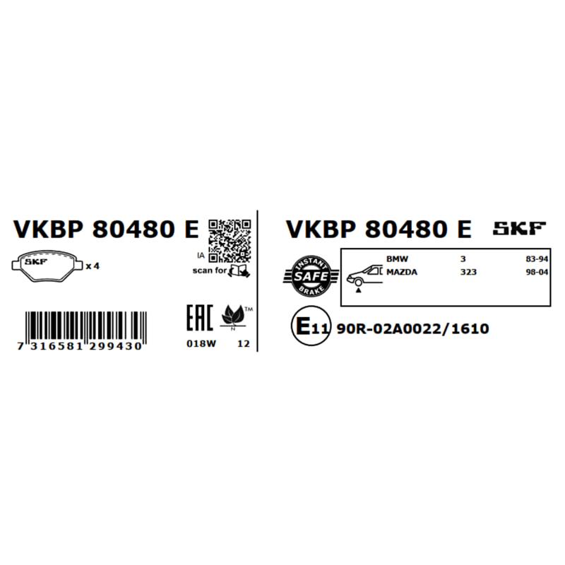 Jeu de 4 plaquettes de frein avant SKF VKBP 80480 E - Visuel 2