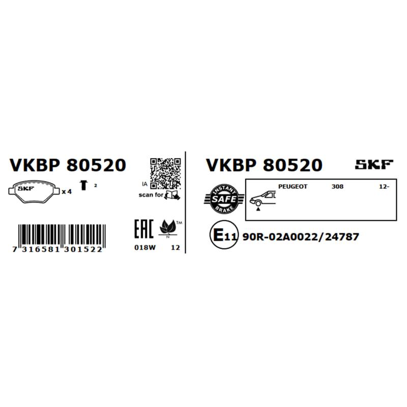Jeu de 4 plaquettes de frein avant SKF VKBP 80520 - Visuel 2
