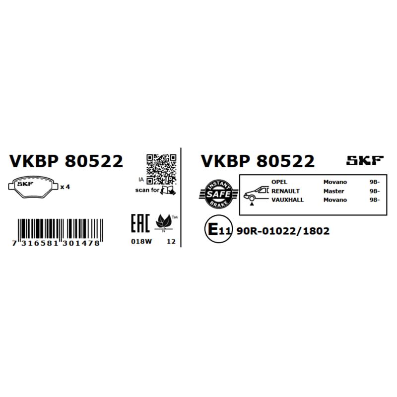Jeu de 4 plaquettes de frein avant SKF VKBP 80522 - Visuel 2