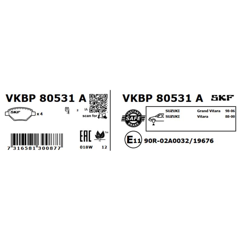 Jeu de 4 plaquettes de frein avant SKF VKBP 80531 A - Visuel 2
