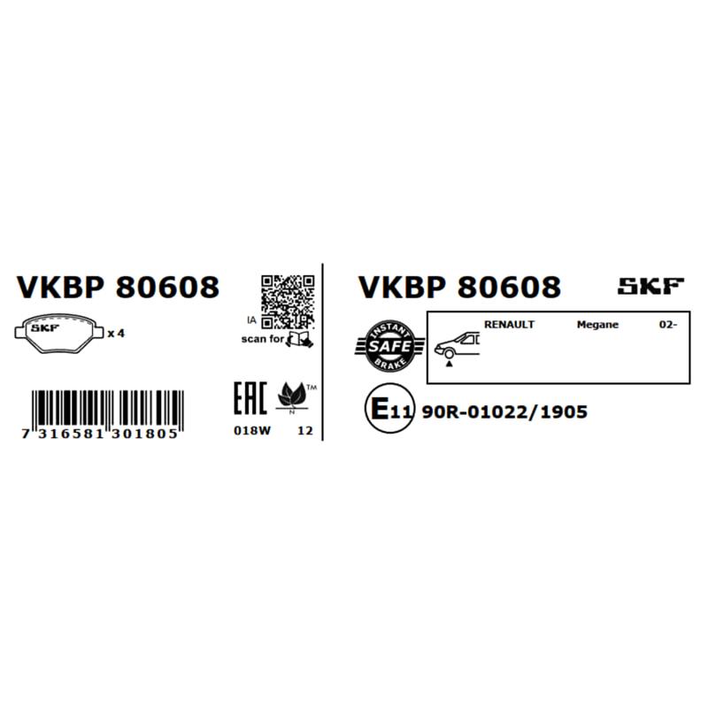 Jeu de 4 plaquettes de frein avant SKF VKBP 80608 - Visuel 2