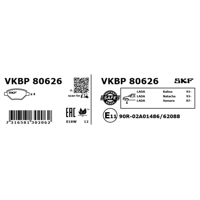 Jeu de 4 plaquettes de frein avant SKF VKBP 80626 - Visuel 2