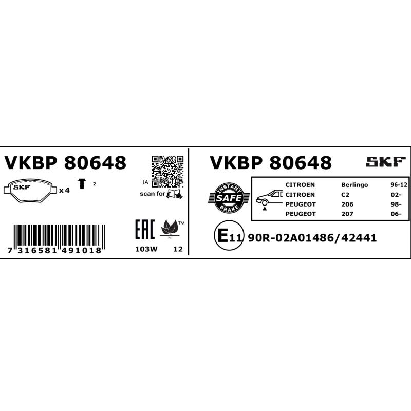 Jeu de 4 plaquettes de frein avant SKF VKBP 80648 - Visuel 2