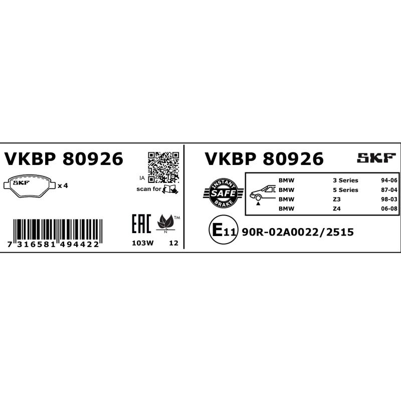 Jeu de 4 plaquettes de frein avant SKF VKBP 80926 - Visuel 2