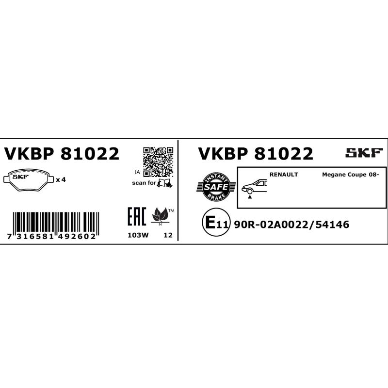 Jeu de 4 plaquettes de frein avant SKF VKBP 81022 - Visuel 2