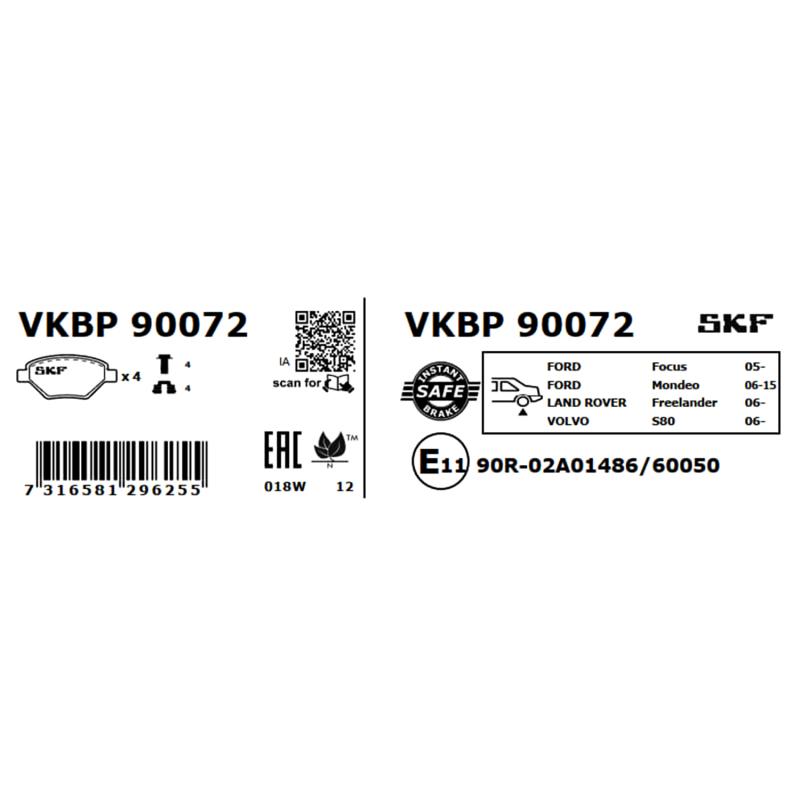Jeu de 4 plaquettes de frein avant SKF VKBP 90072 - Visuel 2