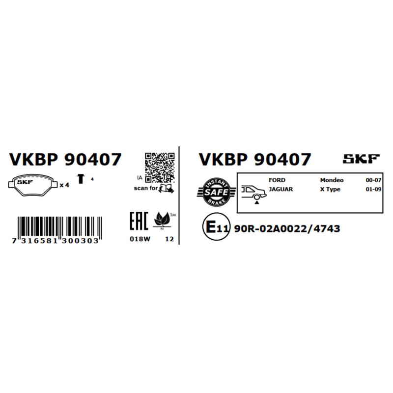 Jeu de 4 plaquettes de frein arrière SKF VKBP 90407 - Visuel 2