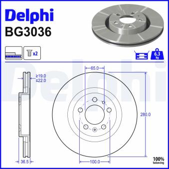 Jeu de 2 disques de frein avant DELPHI BG3036 pour AUDI A3 1.6 - 101cv