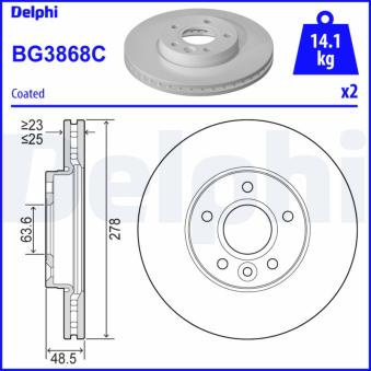 Jeu de 2 disques de frein arrière DELPHI BG3868C pour VOLKSWAGEN CADDY 1.6 D - 110cv