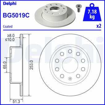 Jeu de 2 disques de frein arrière DELPHI BG5019C pour AUDI A5 1.6 - 110cv