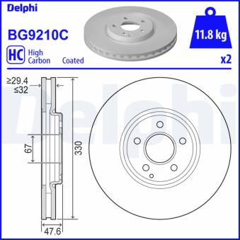 Jeu de 2 disques de frein avant DELPHI BG9210C pour MERCEDES-BENZ CLASSE E E 500 4-matic - 306cv