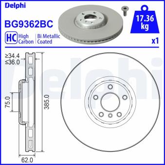 Disque de frein avant droit DELPHI BG9362BC pour BMW X6 M 50 d - 381cv