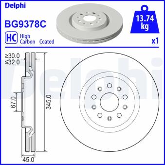 Jeu de 2 disques de frein avant DELPHI BG9378C pour MASERATI LEVANTE 3.0 D Traction intégrale - 250cv