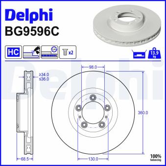 Disque de frein avant gauche DELPHI BG9596C pour PORSCHE TAYCAN Performance Battery Plus - 476cv