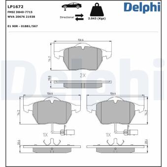 Jeu de 4 plaquettes de frein avant DELPHI LP1672 pour AUDI A6 2.0 16V - 140cv