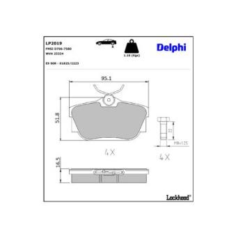 Jeu de 4 plaquettes de frein arrière DELPHI LP2019 pour CITROEN DS5 2.5 Syncro - 110cv