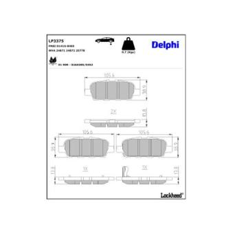 Jeu de 4 plaquettes de frein arrière DELPHI LP3375 pour MAZDA 6 1.5 DCI - 110cv