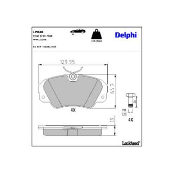 Jeu de 4 plaquettes de frein avant DELPHI LP848 pour RENAULT MASTER PRO 2.2 DTI 16V - 110cv