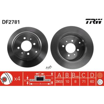 Jeu de 2 disques de frein arrière TRW DF2781 pour MITSUBISHI SAPPORO 1.8 16V - 110cv