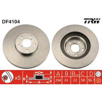 Jeu de 2 disques de frein avant TRW DF4104 pour KIA OPTIMA 2.5 - 156cv