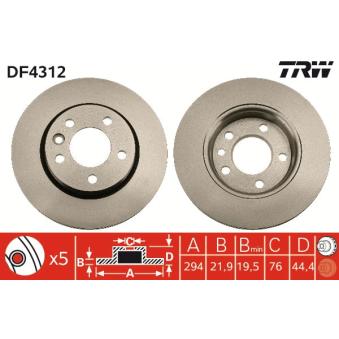 Jeu de 2 disques de frein arrière TRW DF4312 pour VOLKSWAGEN TRANSPORTER - COMBI 2.0 TDI 4motion - 136cv