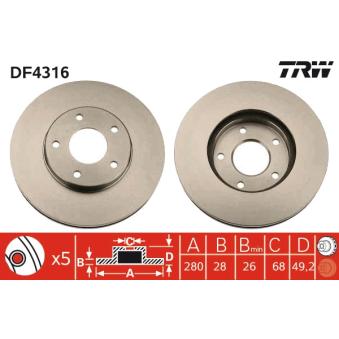 Jeu de 2 disques de frein avant TRW DF4316 pour FORD FIESTA 2.2 DCi - 114cv