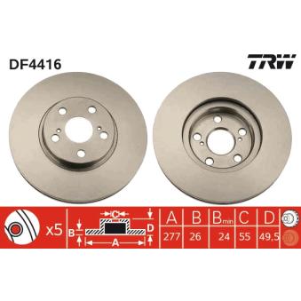 Jeu de 2 disques de frein avant TRW DF4416 pour TOYOTA AVENSIS 1.6 VVT-i - 110cv