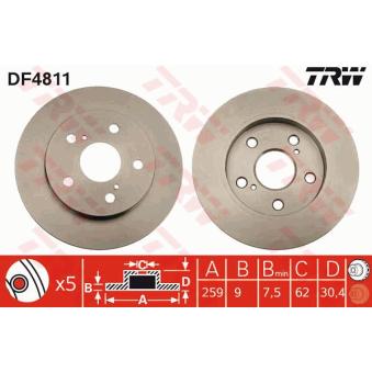 Jeu de 2 disques de frein arrière TRW DF4811 pour TOYOTA AURIS 1.8 Hybrid - 99cv