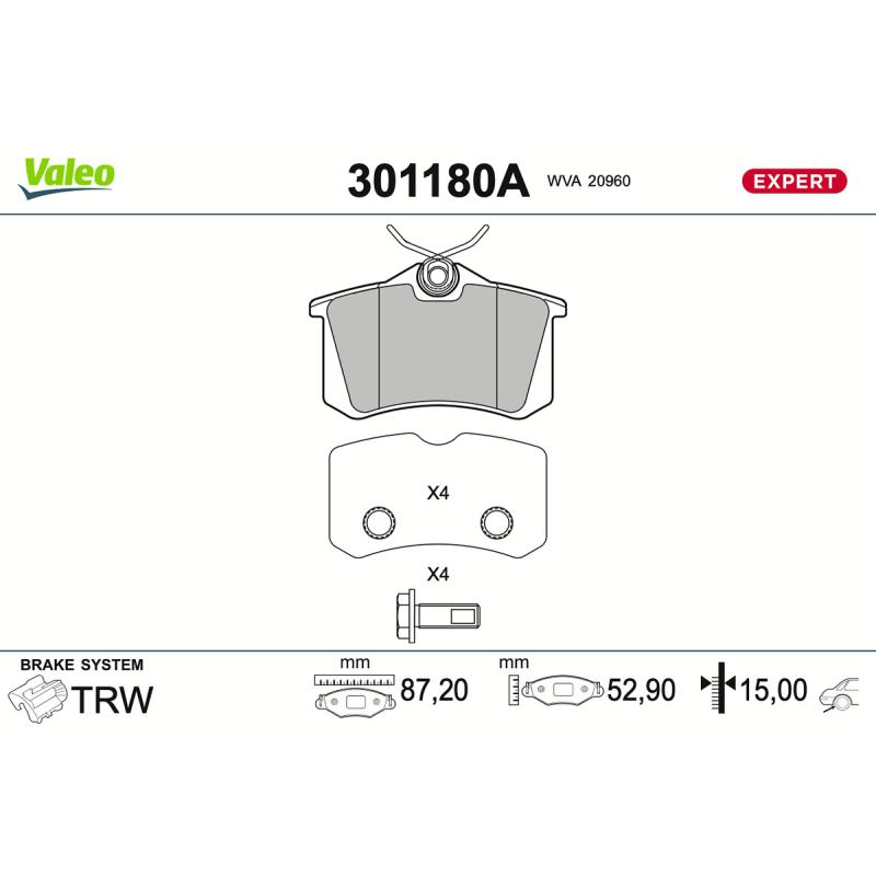 Jeu de 4 plaquettes de frein arrière VALEO 301180A - Visuel 1