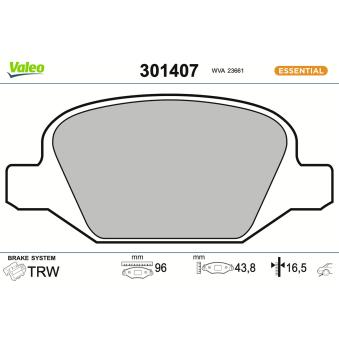 Jeu de 4 plaquettes de frein arrière VALEO 301407 pour ALFA ROMEO GT 1.9 JTD - 150cv