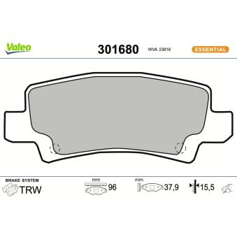 Jeu de 4 plaquettes de frein arrière VALEO 301680 pour TOYOTA COROLLA 1.4 D - 90cv