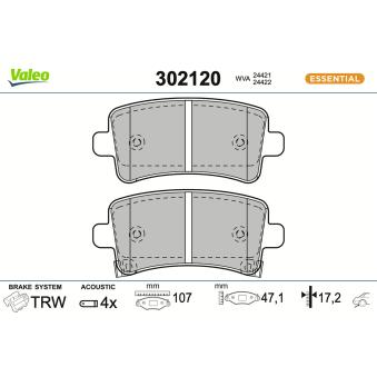 Jeu de 4 plaquettes de frein arrière VALEO 302120 pour TOYOTA YARIS 2.0 TTiD XWD - 190cv