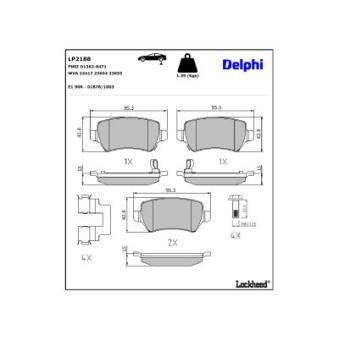 Jeu de 4 plaquettes de frein arrière DELPHI LP2188 pour KIA EV6 1.7 CDTI - 110cv
