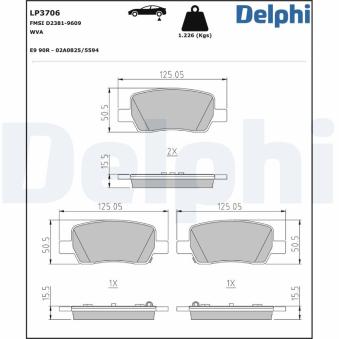 Jeu de 4 plaquettes de frein arrière DELPHI LP3706 pour HYUNDAI SANTA FÉ 2.2 CRDi HTRAC - 201cv