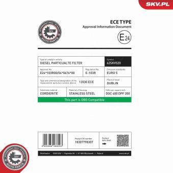 Filtre à particules / à suie, échappement ESEN SKV OEM 18307798307