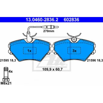 Jeu de 4 plaquettes de frein avant ATE 13.0460-2836.2 pour RENAULT LAGUNA 1.8 (B56A/B) - 90cv