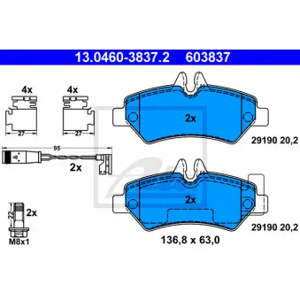 Jeu de 4 plaquettes de frein arrière ATE 13.0460-3837.2 pour DAF XF 216 CDI - 163cv