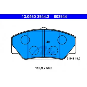 Jeu de 4 plaquettes de frein avant ATE 13.0460-3944.2 pour FORD TRANSIT 2.5 D - 68cv