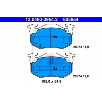 Jeu de 4 plaquettes de frein arrière ATE 13.0460-3954.2 pour CITROEN XSARA 2.0 HDI 90 - 90cv