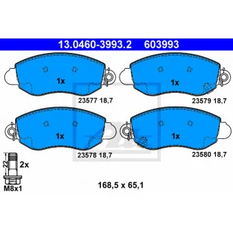 Jeu de 4 plaquettes de frein avant ATE 13.0460-3993.2 pour FORD TRANSIT 2.4 TD - 75cv