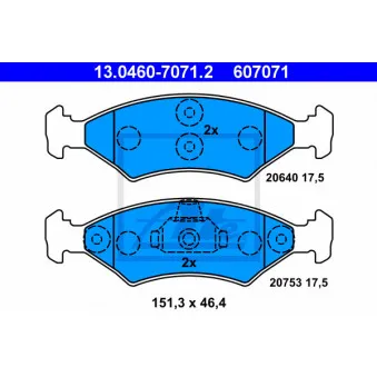 Jeu de 4 plaquettes de frein avant ATE 13.0460-7071.2 pour FORD FIESTA 1.25 i 16V - 75cv