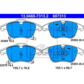 Jeu de 4 plaquettes de frein avant ATE 13.0460-7313.2 pour FORD MONDEO 2.0 Hybrid - 190cv