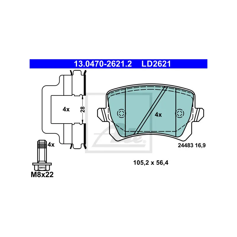 Jeu de 4 plaquettes de frein arrière ATE 13.0470-2621.2 - Visuel 1