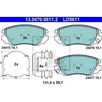 Jeu de 4 plaquettes de frein avant ATE 13.0470-5611.2 pour OPEL INSIGNIA 2.0 CDTI - 131cv