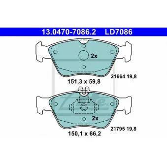 Jeu de 4 plaquettes de frein avant ATE 13.0470-7086.2 pour MERCEDES-BENZ CLASSE E E 290 TD - 129cv