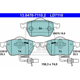 Jeu de 4 plaquettes de frein avant ATE 13.0470-7110.2 pour AUDI A4 2.5 TDI quattro - 180cv