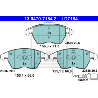 Jeu de 4 plaquettes de frein avant ATE 13.0470-7184.2 pour VOLKSWAGEN TOURAN 1.4 TSI - 140cv